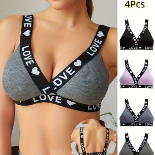 4pcs Women'S Casual Sports Bras - Breathable Knit Fabric, Love & Butterfly Print, Wireless, No Padding, Comfort Fit for Casual Attire, Everyday Comfort|Playful Print|Breathable Knit, Bras for Sport