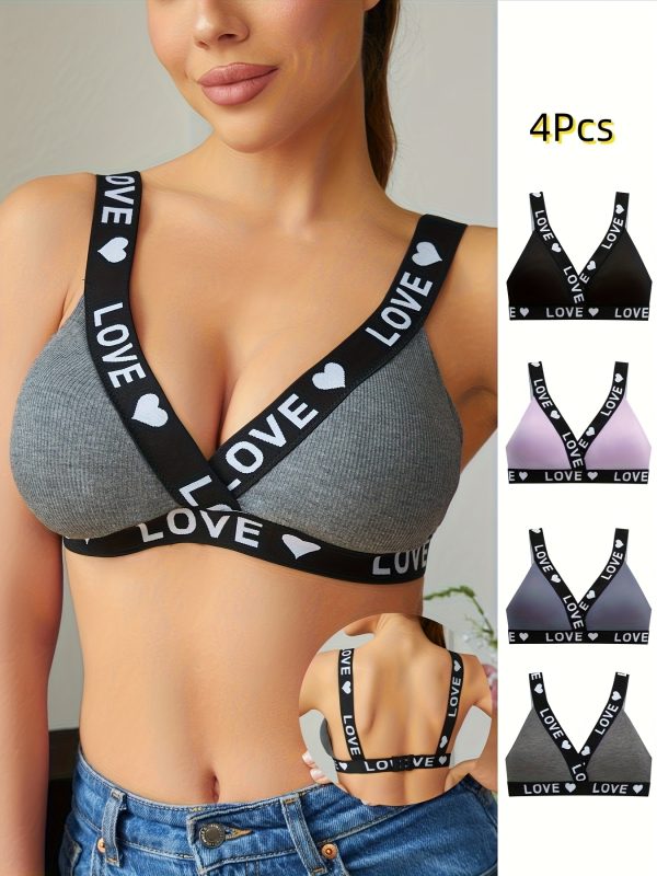 4pcs Women'S Casual Sports Bras - Breathable Knit Fabric, Love & Butterfly Print, Wireless, No Padding, Comfort Fit for Casual Attire, Everyday Comfort|Playful Print|Breathable Knit, Bras for Sport