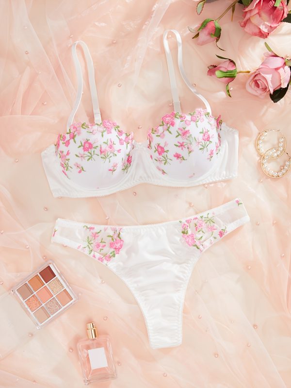 Elegant Lingerie Set, Floral Embroidery Push Up Cami Bra & Panties, Women's Lingerie & Underwear - Image 3