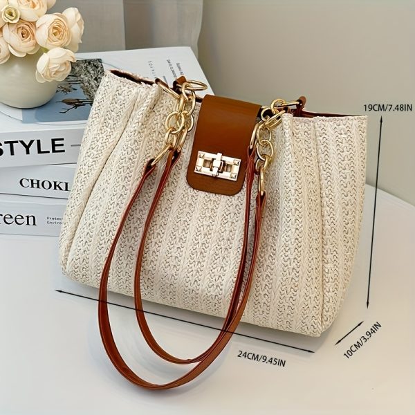 Elegant Women'S Large Capacity Woven Shoulder Bag with Adjustable Chain Strap, Front Flap Button Closure - Beige/White, Multi-Functional for Casual and Professional Use, Available in Black, Professional Shoulder Bag|Elegant Design|Polyester Lined - Image 2