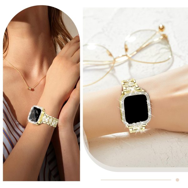 Shiny strap for, shiny case, compatible with iWatch strap 38/40/41/42/44/45/46/49mm elegant and fashionable rhinestone replacet metal chain wristband protective cover, suitable for series 10/9/8/7/6/5/4/3/2/1SE Golden - Image 7