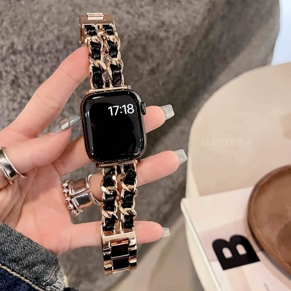 BIIFAKOO Compatible i Watch Strap for 38mm 40mm 41mm 42mm 44mm 45mm 49mm Metal Strap Leather Cover Golden Chain Cowboy Style Replacement for iWatch Series 9 8 7 6 5 4 3 2 1 SE