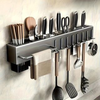 1pc No-Drill Stainless Steel Wall-Mounted Knife & Utensil Organizer - Rust-Resistant Non-Magnetic Space-Saving Kitchen Storage with Chopstick Holder, Knife Slots & Hooks for Knives, Spatulas, Whisks, Kitchen Organizers And Storage, Sleek Design, Durable Construction, Home Chefs, Minimalist Design, Sturdy Construction, Professional Cooks