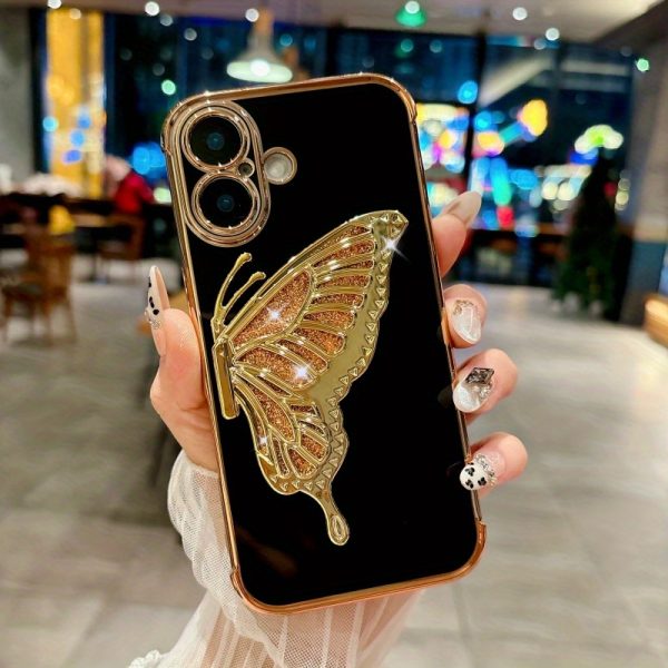 Electroplated Side Rose Flower + Glitter Butterfly Stand, High-Quality Feel for Apple Full-Cover Shockproof Protective Case, Creative for Iphone 16, 15, 14, 13, 12 Mini, 11, XR, 7, 8, SE2, SE3, Plus, Pro Max Phone Case Set. - Image 3