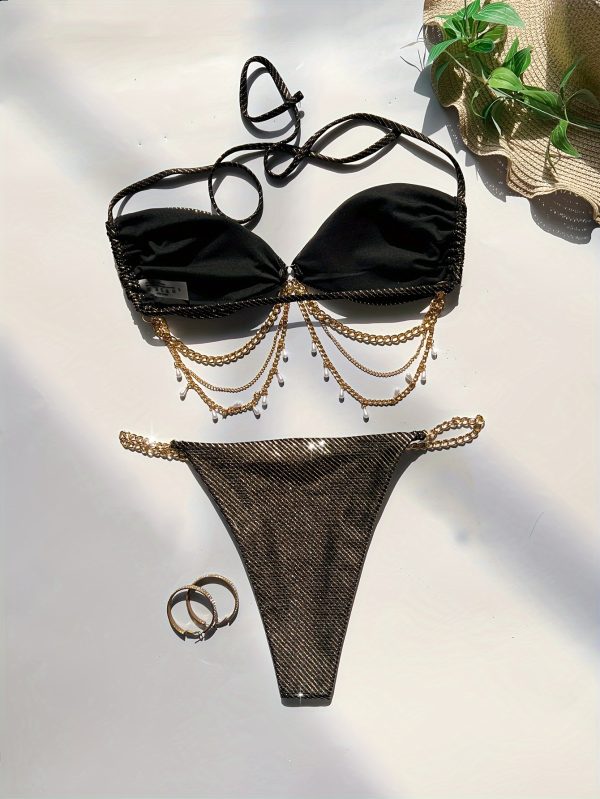 Women's Swimsuit Golden and Silvery Lace Strap Backless Bikini European Sexy Swimsuit - Image 8