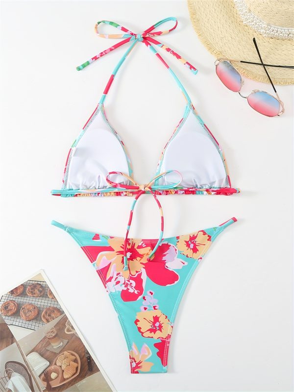 Women'S Floral Print Bikini with Adjustable Straps & Tie-Back Detail - High-Stretch Tummy Control Swimsuit for Beach, Pool, Vacation - Teal Blue, Pink Flowers, Green Leaves, Poolside Attire, Tummycontrol Swimwear, Beachwear Essentials, Highstretch Fabric - Image 4