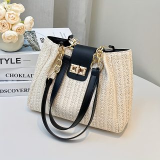 Women'S 2025 New Year Handwoven Straw Tote Bag - Black Accents, Honeycomb Pattern, Adjustable Shoulder Strap, Kiss Lock Closure, Machine Washable, Beach & Casual Style, Casual Tote Bag|Honeycomb Pattern Bag|Durable Handle Bag
