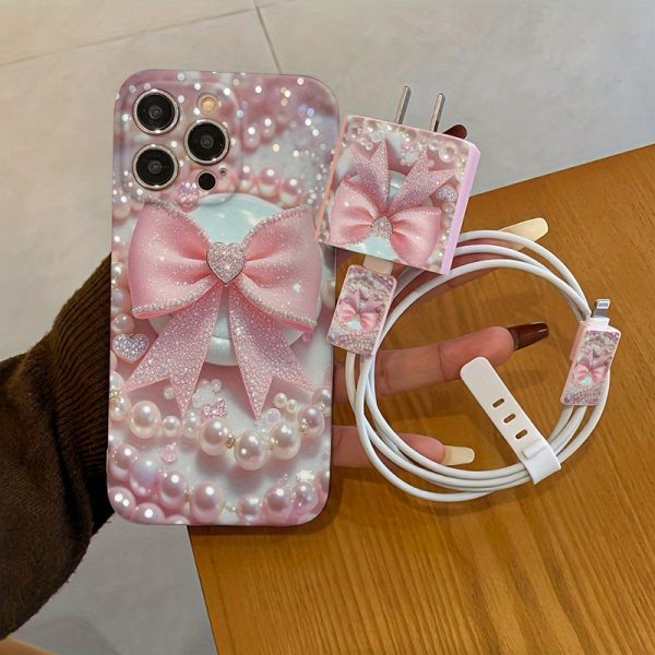 5pcs Set of Eye-Catching Pink and Golden Butterfly Pattern Phone Case + Charger Head Cover + Cable Protector + Storage Strap TPU Anti-Drop Protective Case for iPhone 6/7/8/X/Xs/XR/XS Max/11/12/13/14/15/16 Pro Max - Image 5