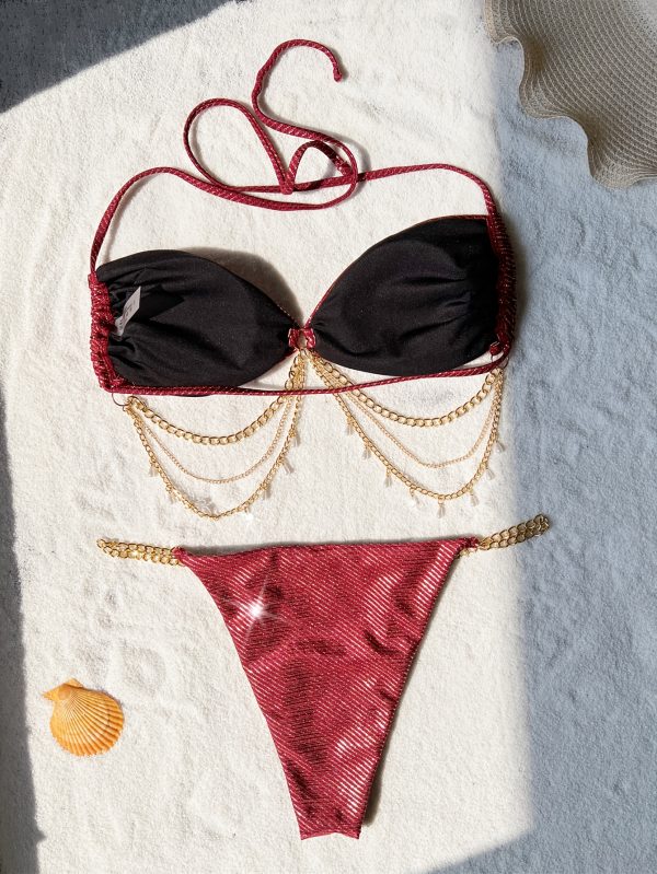 Women's Swimsuit Golden and Silvery Lace Strap Backless Bikini European Sexy Swimsuit - Image 6