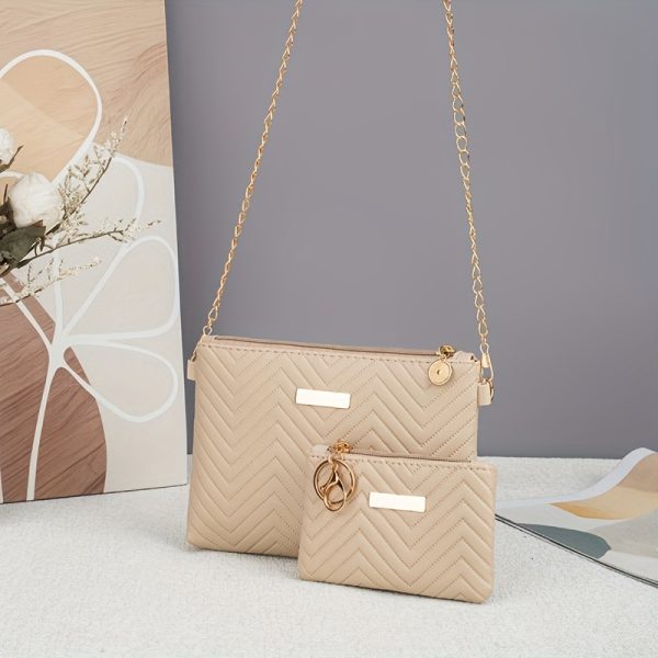 New Fashionable Crossbody Bag Set - Metal Chain Shoulder Strap Wavy Embroidery Single Shoulder Bag, Simple and Versatile, Your Best Companion for Traveling Outdoors to Keep You Stylish at All Times! - Image 2