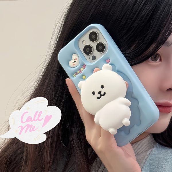 Cute Bear Stand Phone Case for iPhone 13/14/15/16 Pro/Max | Anti-Drop Silicone Soft Cover - Light Blue, Adorable & Stylish Protective Case - Image 4