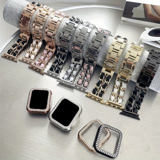 BIIFAKOO-Little Flavor Apple Watch Strap is suitable for iwatch10 9 8 7 6 5 4 3 2 1 SE Advanced Metal Chain with Two Rows of Protective Case compatible with 45mm 44mm 42mm 41mm 40mm 38mm