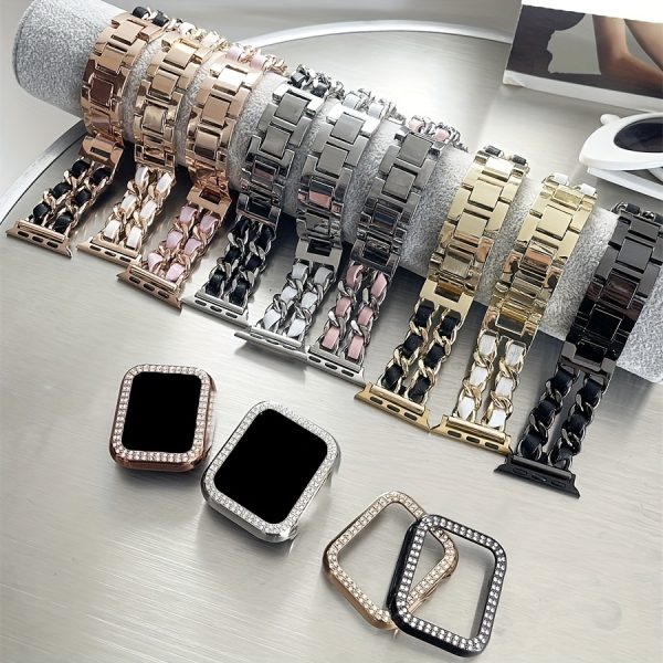 BIIFAKOO-Little Flavor Apple Watch Strap is suitable for iwatch10 9 8 7 6 5 4 3 2 1 SE Advanced Metal Chain with Two Rows of Protective Case compatible with 45mm 44mm 42mm 41mm 40mm 38mm