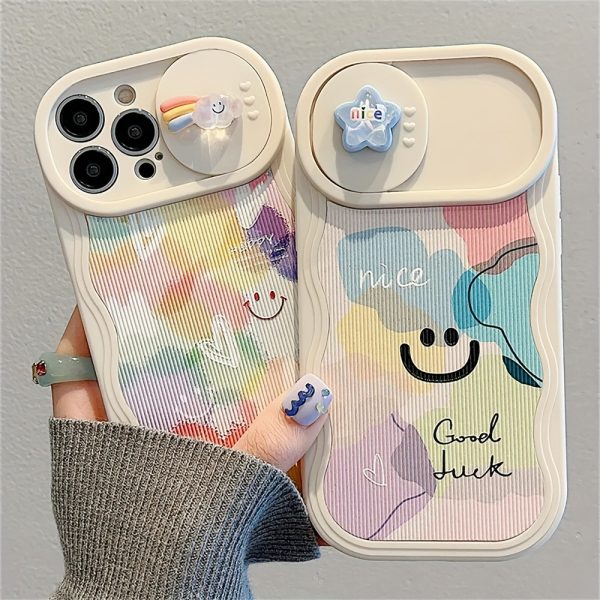 Y2K Cute 3D Star Rainbow Wave Edge Push Window Protective Soft Case For IPhone 15 Pro Max 14 Pro Max 13 12 Pro 11 Shockproof Back Cover