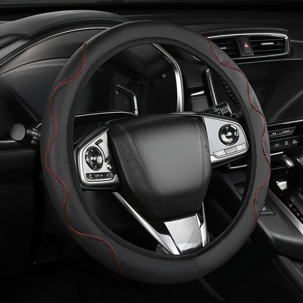Steering Wheel Cover for 35.56-38.1 cm Wheels, No Inner Ring, All-Season Use - Black with Red Stitching, Grip Enhancement, Durable & Easy to Clean, Car Steering Wheel Cover, Vehicle Interior Accessory, Sleek Car Accessory, Easytoclean Material - Image 7