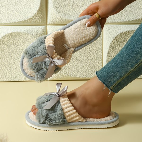 1 Pair Women'S Elegant Bowknot Plush Slippers - Soft Flannel Upper & Lightweight Cushioned Sole, Non-Slip Winter House Shoes with Contrast Color Design, All-Season Cozy Indoor/Outdoor Comfort, Perfect Gift for Home & Casual Wear, Winter Footwear, Bowknot Design, Soft Fabric Insole - Image 4