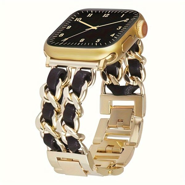 BIIFAKOO Compatible i Watch Strap for 38mm 40mm 41mm 42mm 44mm 45mm 49mm Metal Strap Leather Cover Golden Chain Cowboy Style Replacement for iWatch Series 9 8 7 6 5 4 3 2 1 SE - Image 7