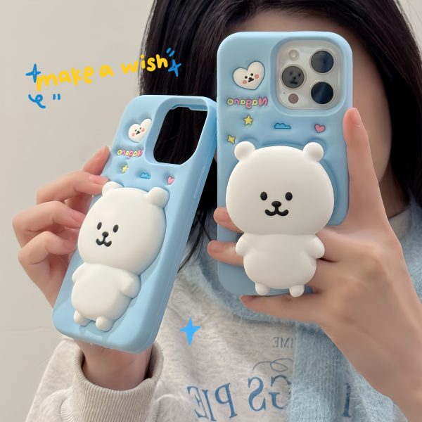 Cute Bear Stand Phone Case for iPhone 13/14/15/16 Pro/Max | Anti-Drop Silicone Soft Cover - Light Blue, Adorable & Stylish Protective Case - Image 7