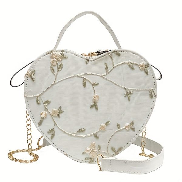 1pc Women's Floral Heart Crossbody Bag - Round Shoulder Bag with Golden-Tone Zipper Closure, Detachable Strap & Chain Link, Green & Beige Embroidery Design for Casual & Special Occasions - Perfect Gift for Mother's Day, Valentine's, Christmas, Heart Shaped Purse, Charming Accessory - Image 6