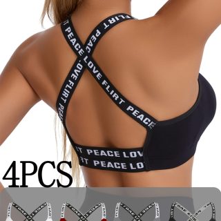 Pack of 4 lettered sports bras, comfortable and breathable pleated wireless sport underwear bra, shockproof running and yoga multi-set vest