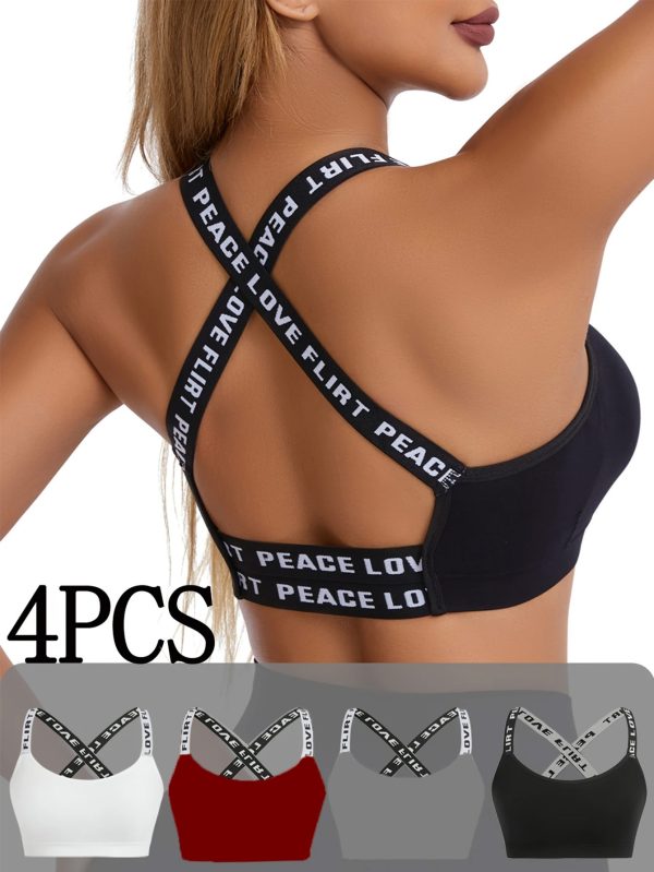 Pack of 4 lettered sports bras, comfortable and breathable pleated wireless sport underwear bra, shockproof running and yoga multi-set vest