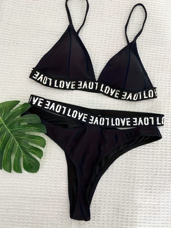 Women'S Two-Piece Letter Bandage Swimsuit Set - High Stretch V-Neck Bikini with "LOVE" Waistband & Lace-Up Bottoms, Sexy Black Swimwear for Women, Beachwear|Vneck Swimsuit|Stretchy Fabric - Image 3
