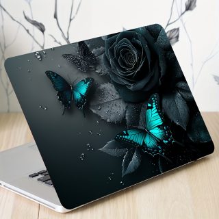 2pcs Butterfly Rose Laptop Skin Decal Sticker, Waterproof and Scratch-Resistant Vinyl Protective Cover for Notebooks, Semi-Matte Finish, Self-Adhesive, Single Use, Notebook Decoration | Floral Notebook Design | Durable Notebook Cover