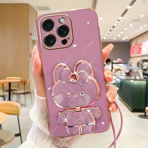 New fashionable phone case suitable for iPhone 11 12 13 14 15 16 16Por 15Pro Max 16Plus phone case, rabbit three-dimensional stand ultra-thin electroplated soft phone case protective case with bracelet - Image 4