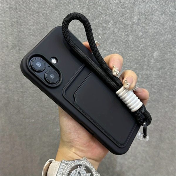 Simple Solid Color Card Holder Phone Case for Iphone 16 Pro Max, 15, 14, 13, 12, 11, Xs, XR, 8, 7 Plus with Wrist Strap for Drop Protection. - Image 6