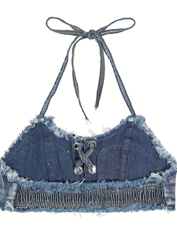 Women'S Denim Bikini Top, Sexy Retro Low-Cut Bathing Suit, 95% 5% Spandex, Sleeveless, Button Detail, Woven Fabric, All Season Beachwear - Image 3