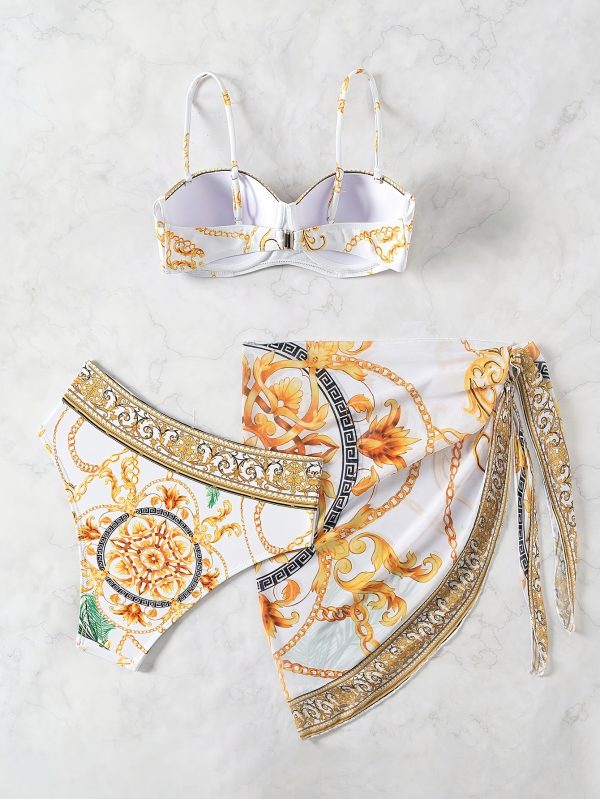 3pcs Women'S Bikini Set with Floral Print Sarong - High Stretch Knotted Swimsuit, Chain Print Wrap Skirt, and Tube Top - Perfect for Summer Beach Vacation - Image 2