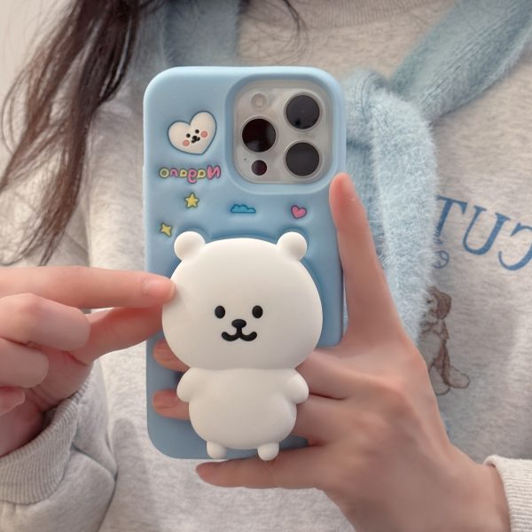 Cute Bear Stand Phone Case for iPhone 13/14/15/16 Pro/Max | Anti-Drop Silicone Soft Cover - Light Blue, Adorable & Stylish Protective Case - Image 9