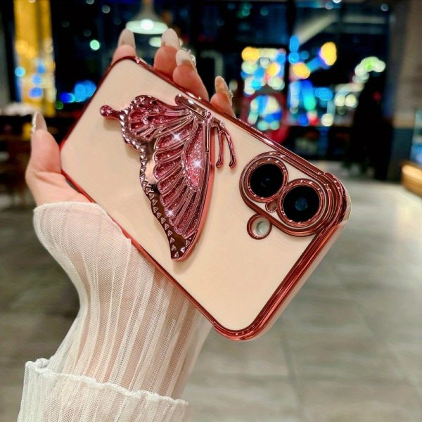 Electroplated Side Rose Flower + Glitter Butterfly Stand, High-Quality Feel for Apple Full-Cover Shockproof Protective Case, Creative for Iphone 16, 15, 14, 13, 12 Mini, 11, XR, 7, 8, SE2, SE3, Plus, Pro Max Phone Case Set.