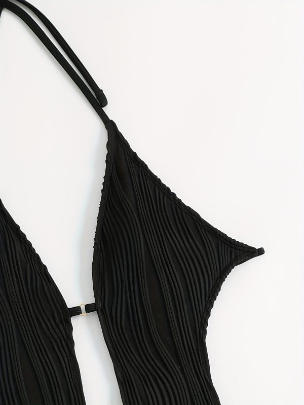 Chic Backless Halter One-Piece Swimsuit for Women - Sexy, High Stretch, Solid Color with Tie Detail, Machine Washable - Image 4