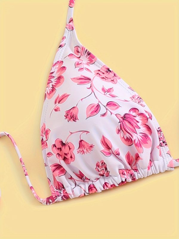 1set Women's Floral Print Halter Neck Bikini Set, High Elasticity Polyester Fabric, Casual Two-Piece Swimsuit with Tie Details, Knitted Fabric, No Belt, Regular Fit - Image 4