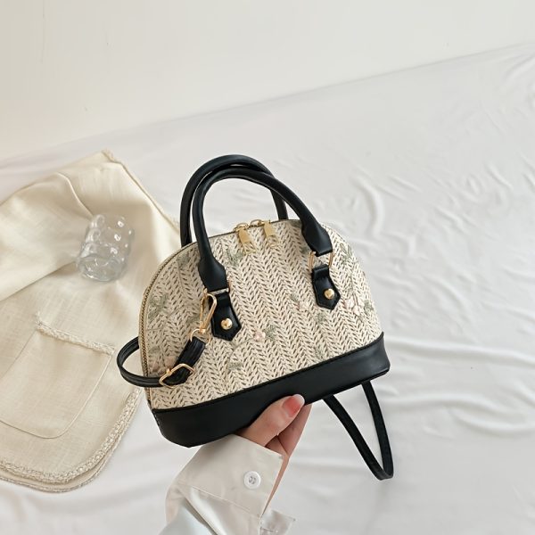 Women's Woven Crossbody Bag with Adjustable Strap & Golden-Tone Hardware - Zipper Closure Casual Purse in White//Black, Durable Polyester Lining & Oil-Edged Trim for Everyday Use, Decorative Details, Structured Handbag - Image 7