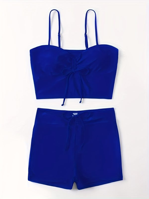 Monochrome Two-Piece Swimsuit Set with Drawstring Ruched Halter Top and High-Waisted Shorts 2pcs Swimsuit - Image 3