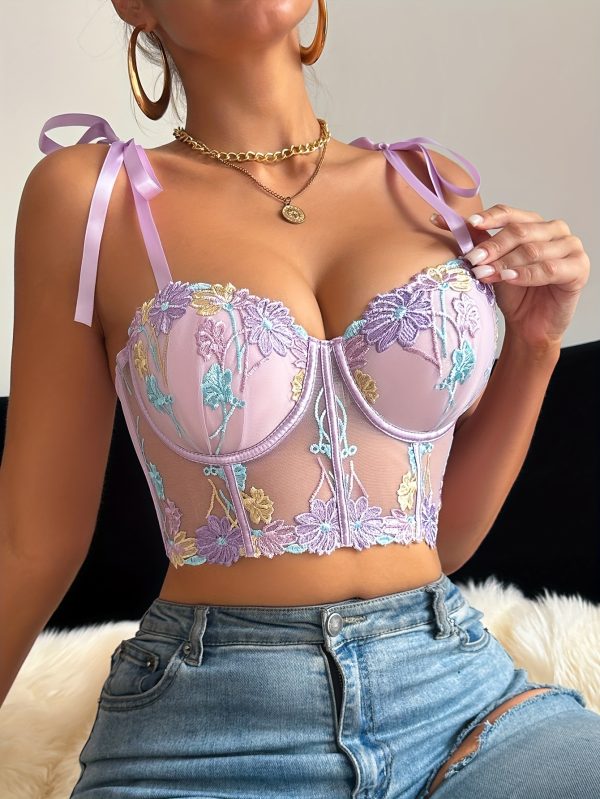 Women'S Sexy Floral Lace-Up Corset with Shoulder Straps - Comfortable Mesh Embroidered Flower Brastring Lingerie, Adult Size, Floral Pattern, Lace-Up Detail, Adult Lingerie|Floral Pattern Bra|Laceup Detailin - Image 2