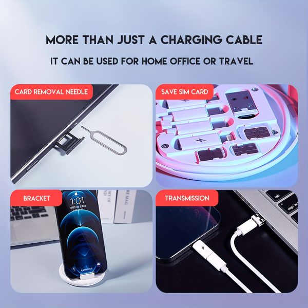[60W Fast Charging Data Cable] 5-in-1 Mini Data Cable Storage Box, Including 60W Fast Charging USB Cable Set, Silicone Type-C Adapter and Card Slot, Suitable for iPhone 15/15 Pro Max/14 Pro Max/13/12/11, etc., Can be Used for Data Transmission, Storage Card, Tray Pop-up Screw - with Mobile Phone Holder - Image 10