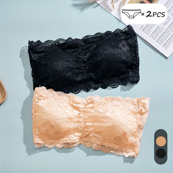 2pcs Solid Floral Lace Strapless Bra, Sexy Comfy Push Up Bra, Women's Lingerie & Underwear - Image 5