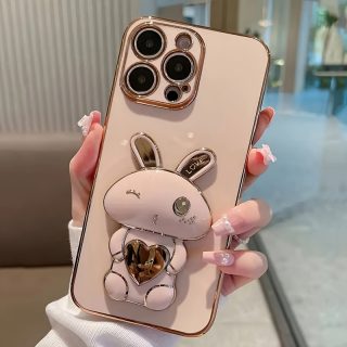 [Cute Rabbit] Designed for iPhone 11, iPhone 13, iPhone 14, iPhone 13 Pro Max, iPhone 14 Pro Max, iPhone 15, iPhone 15 Pro, iPhone 5 Pro Max, iPhone 16, iPhone 16 Pro, iPhone 16 Plus and iPhone 16 Pro Max Cute and Simple Electroplated Rabbit Holder Protective Case