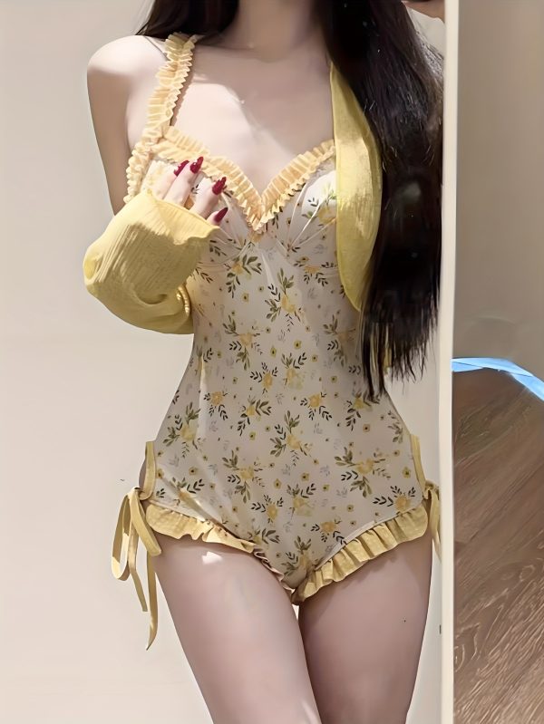 Swimsuit Women's Long Sleeve Two-Piece Set with Floral Pattern for a and Pure Desire Look - Image 6
