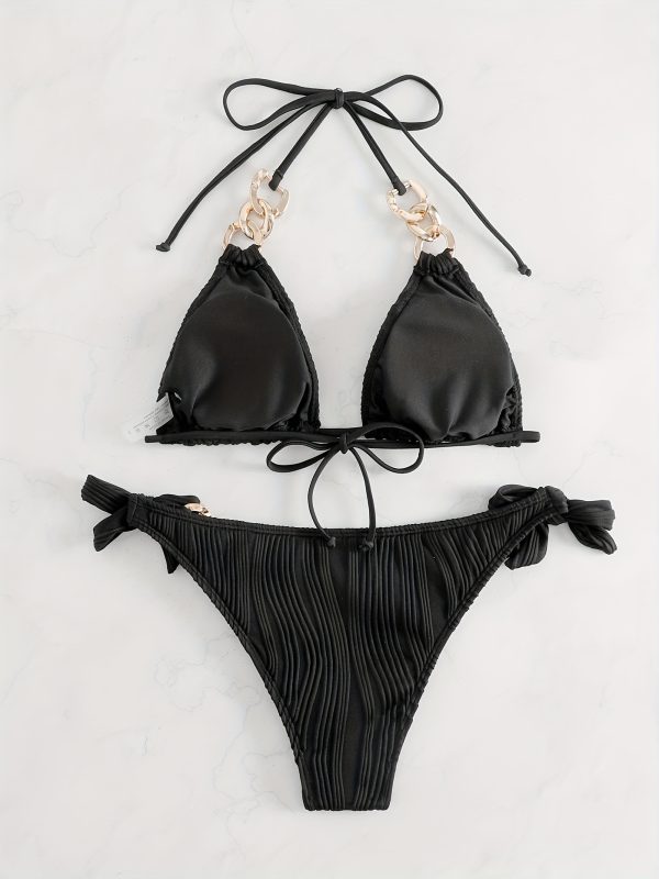 Stripes Ruched Texture Golden Chain Ring Link Halter 2 Piece Set Bikini, Bow Tie Side Triangle Halter Tie Neck Stretchy Swimsuit For Beach Pool Bathing, Women's Swimwear & Clothing - Image 7