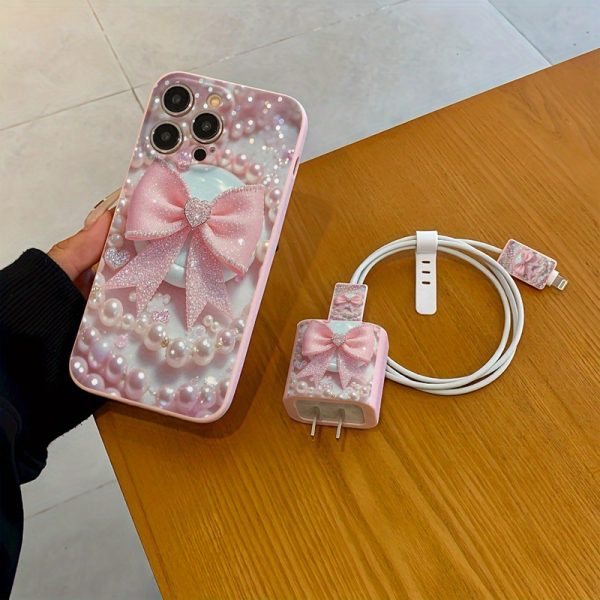 5pcs Set of Eye-Catching Pink and Golden Butterfly Pattern Phone Case + Charger Head Cover + Cable Protector + Storage Strap TPU Anti-Drop Protective Case for iPhone 6/7/8/X/Xs/XR/XS Max/11/12/13/14/15/16 Pro Max - Image 3