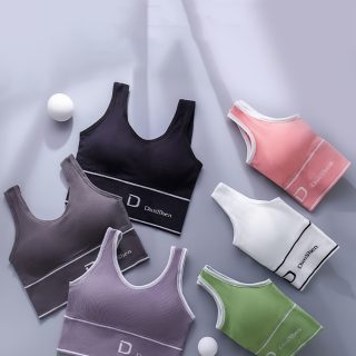 6pcs Women's Wireless Sports Bras - Gathered, Shockproof, Full Coverage, Racerback Design, Breathable Polyester Blend, Versatile for Casual or Active Wear (Black, Dark Purple, Light Purple, White, Pink, Green)