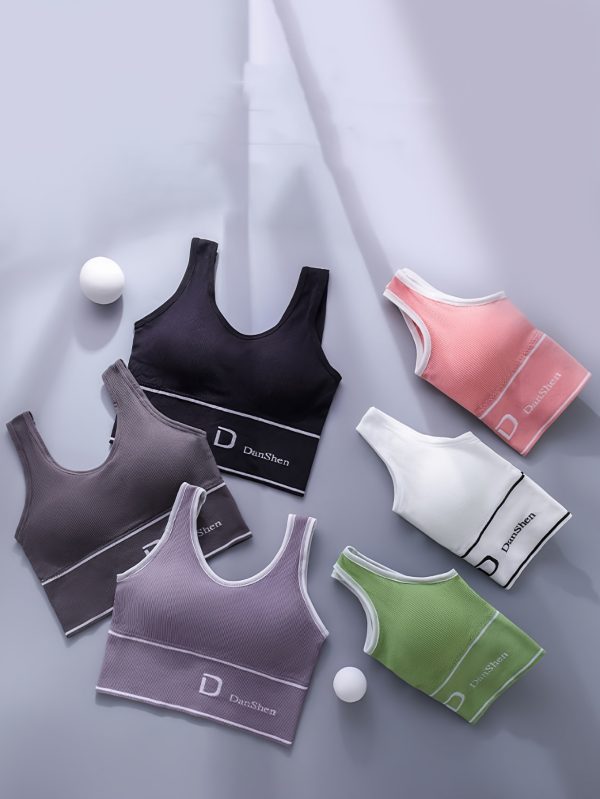 6pcs Women's Wireless Sports Bras - Gathered, Shockproof, Full Coverage, Racerback Design, Breathable Polyester Blend, Versatile for Casual or Active Wear (Black, Dark Purple, Light Purple, White, Pink, Green)