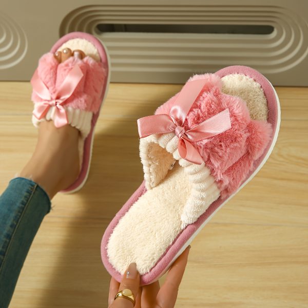 1 Pair Women'S Elegant Bowknot Plush Slippers - Soft Flannel Upper & Lightweight Cushioned Sole, Non-Slip Winter House Shoes with Contrast Color Design, All-Season Cozy Indoor/Outdoor Comfort, Perfect Gift for Home & Casual Wear, Winter Footwear, Bowknot Design, Soft Fabric Insole - Image 9