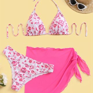 1set Women's Floral Print Halter Neck Bikini Set, High Elasticity Polyester Fabric, Casual Two-Piece Swimsuit with Tie Details, Knitted Fabric, No Belt, Regular Fit
