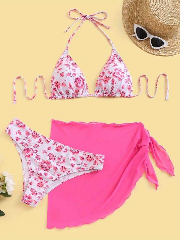 1set Women's Floral Print Halter Neck Bikini Set, High Elasticity Polyester Fabric, Casual Two-Piece Swimsuit with Tie Details, Knitted Fabric, No Belt, Regular Fit