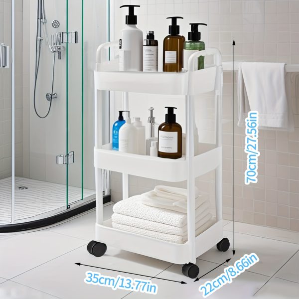 Three-Tier Expandable Bath Storage Cart, White, Plastic, Freestanding, Bathroom, Pull-Out Shelves, Assembled, No Golden Pipes - Image 5